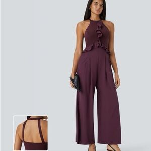 Breezeful™ Halter Ruffle Buckle Pocket Wide Leg Quick Dry Jumpsuit Halara NWT SM